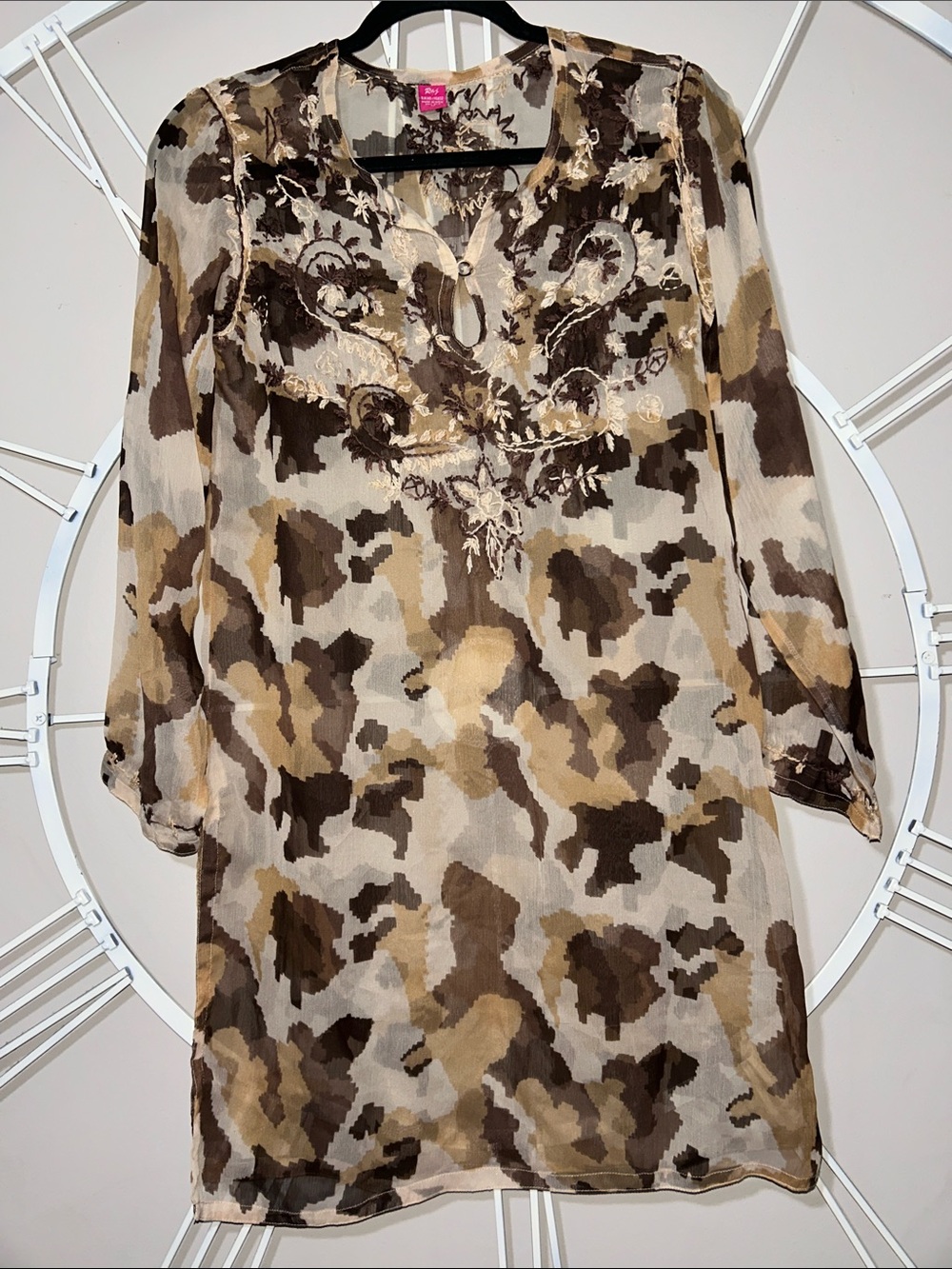 Raj 100% Silk Brown Tan and Cream Embroidered Sheer Tunic